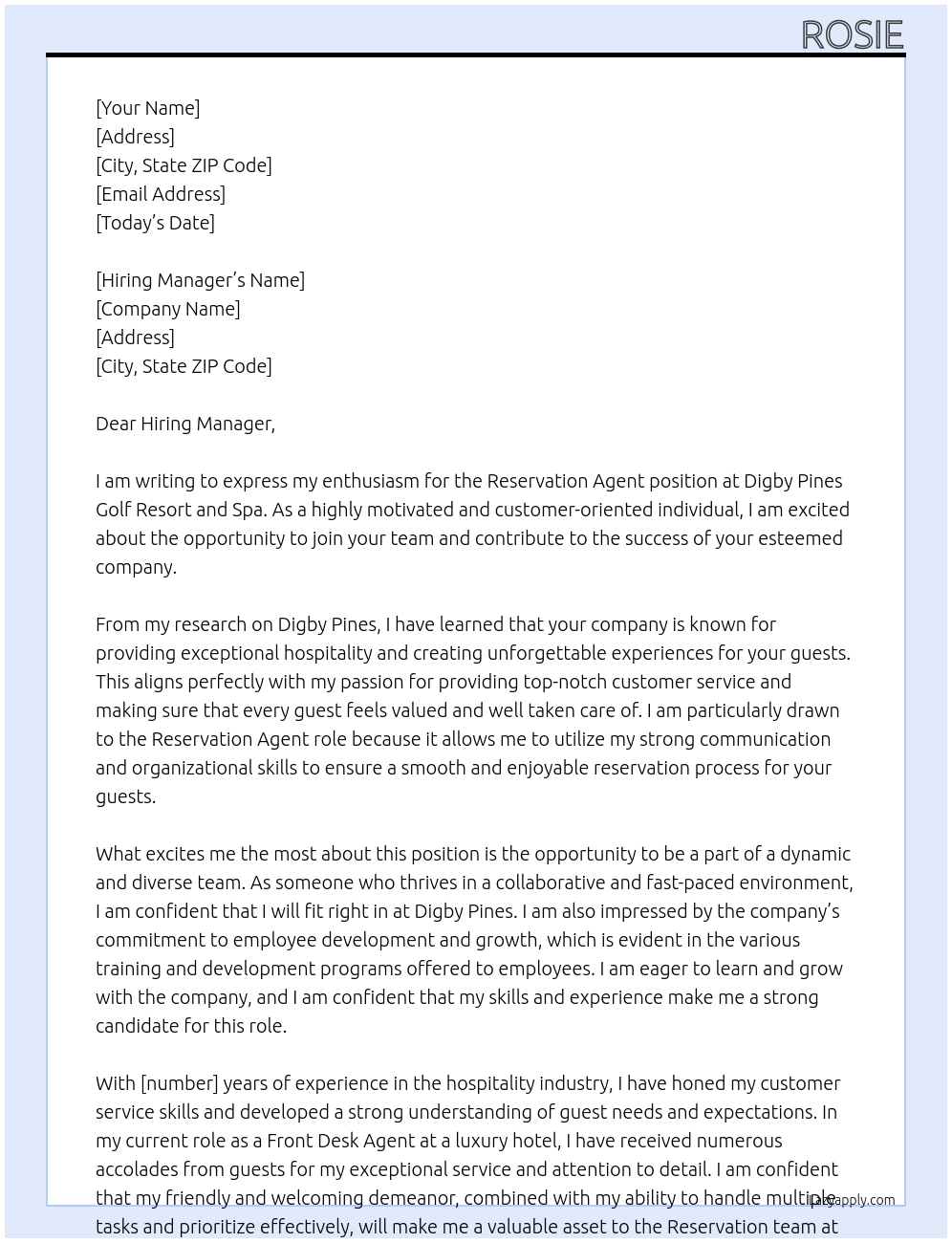 Reservation Agent At Digby Pines Golf Resort and Spa  Cover Letter