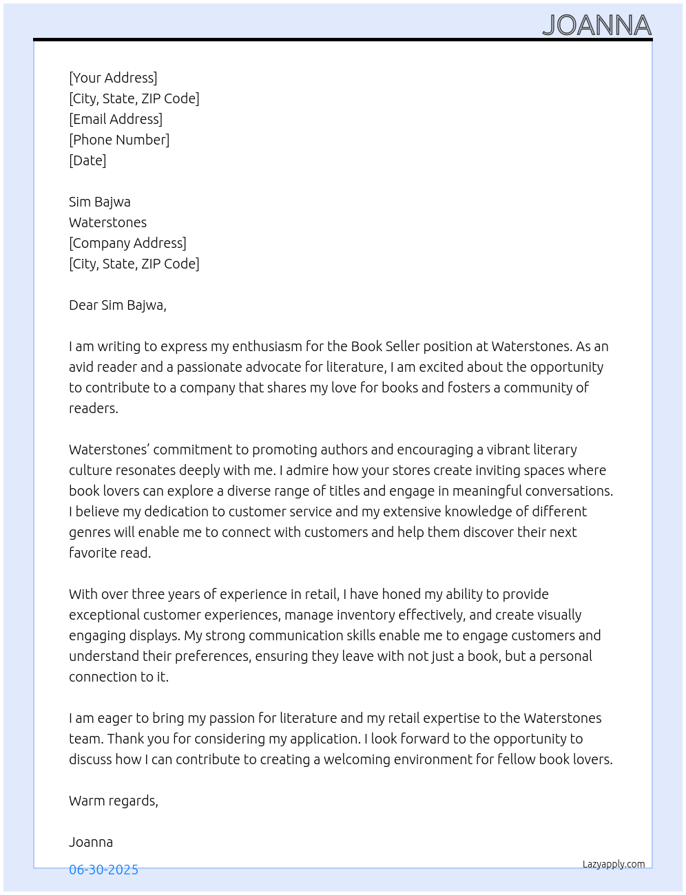 Cover letter for book seller - LazyApply