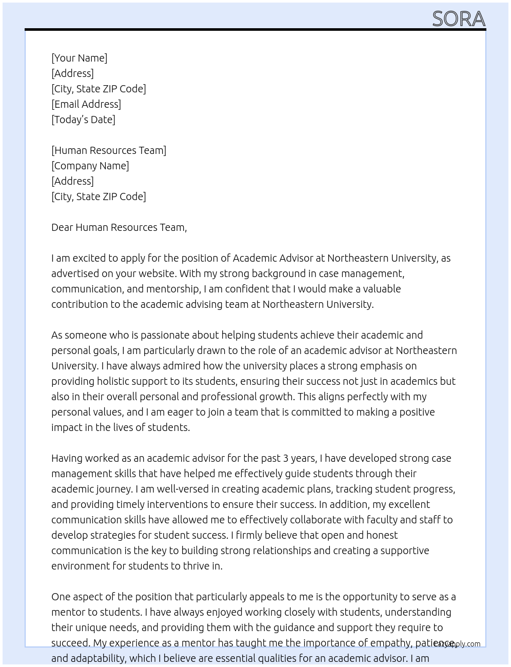 Academic Advisor At Northeastern University Cover Letter