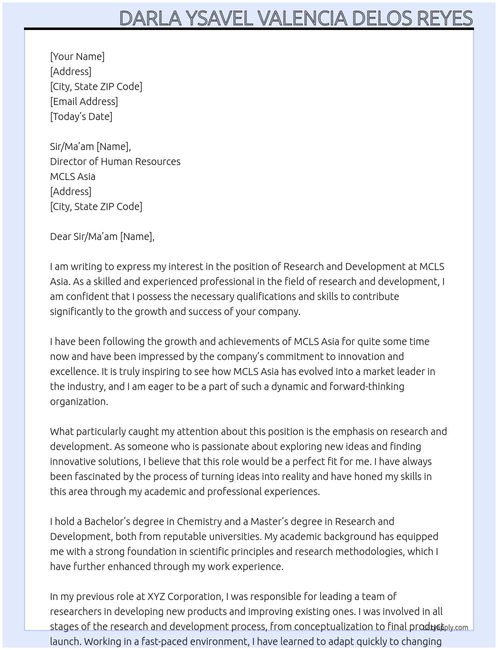 Research and Development At MCLS Asia Cover Letter