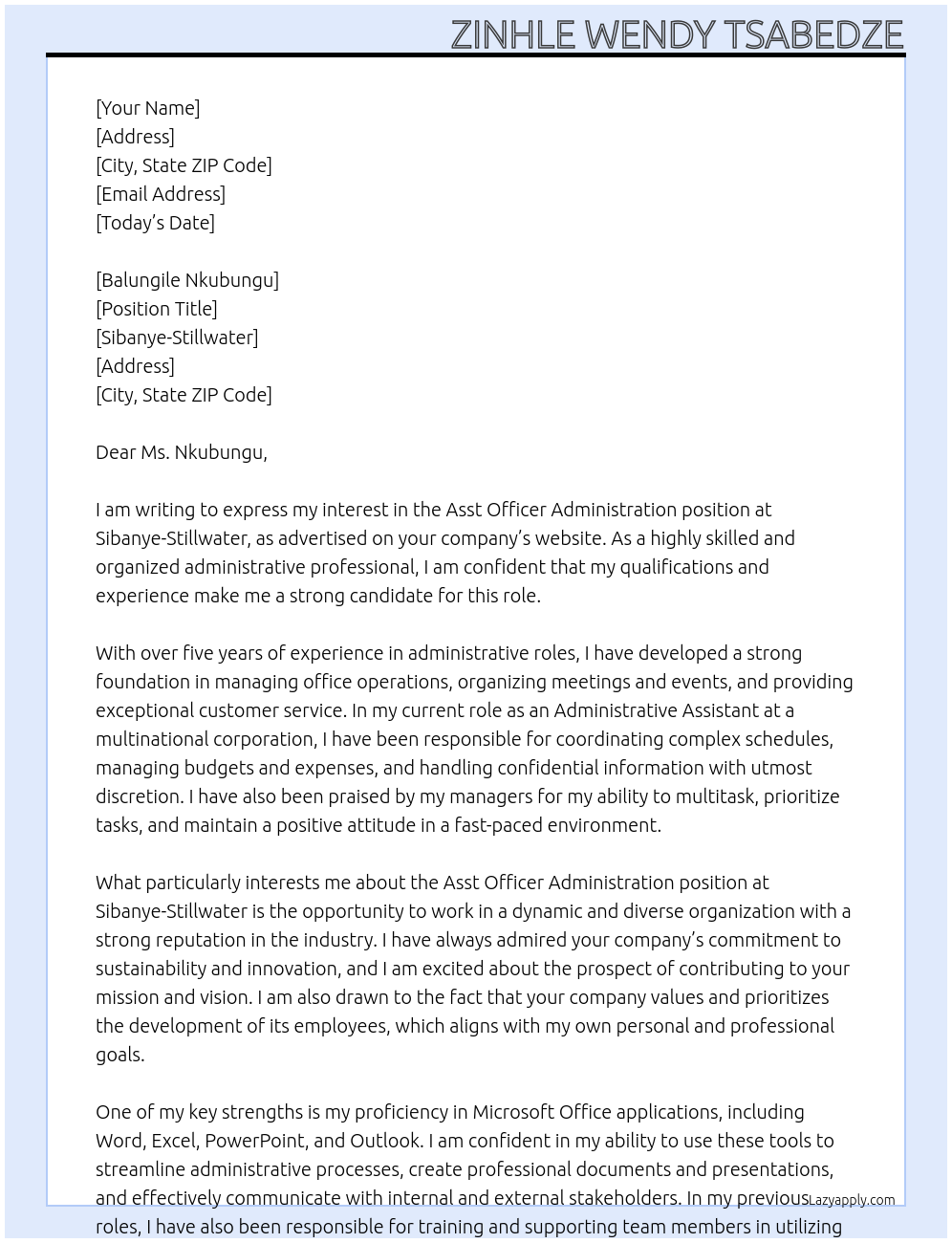 Cover letter for asst officer administration - LazyApply