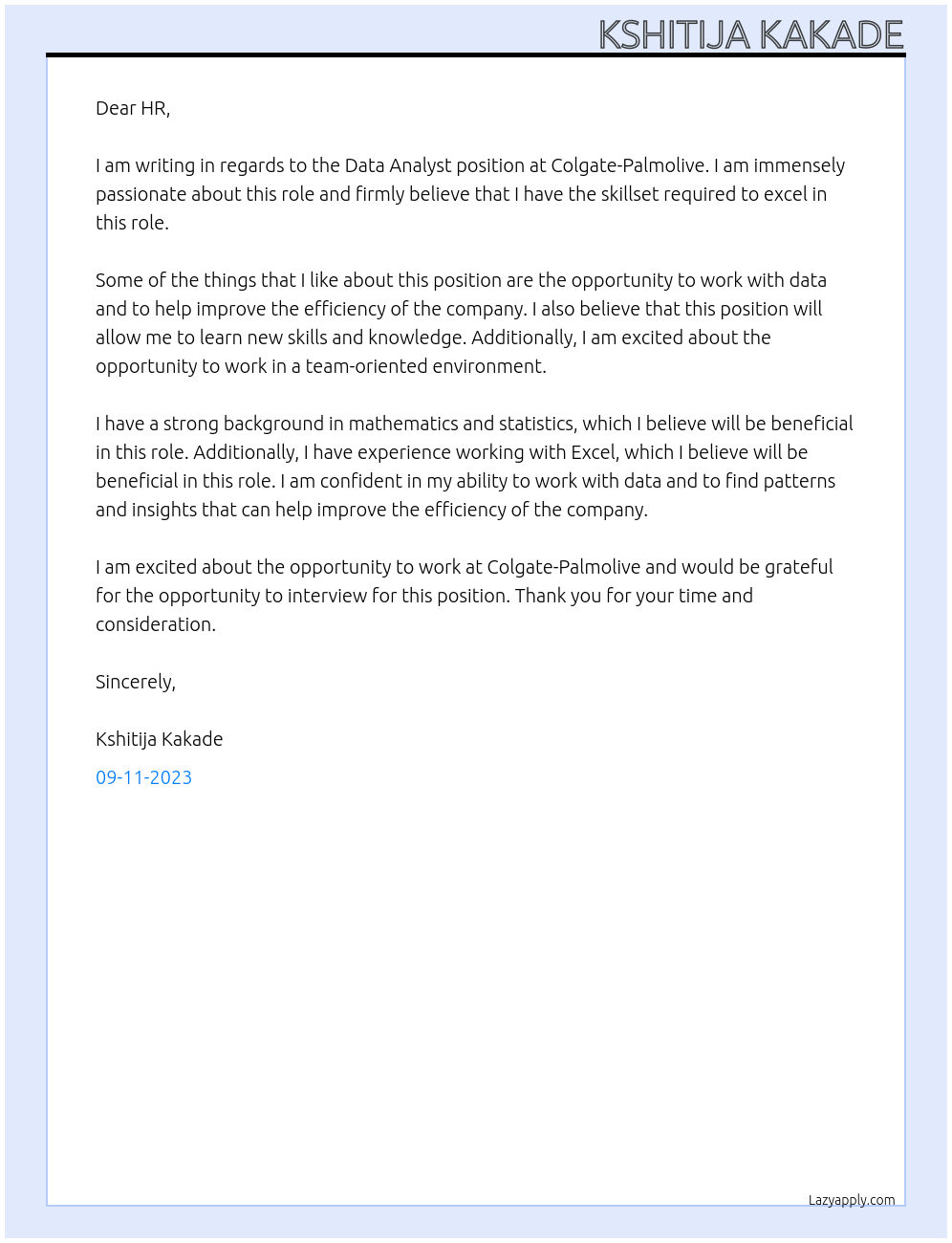 Data Analyst Fresher At Colgate-Palmolive Cover Letter