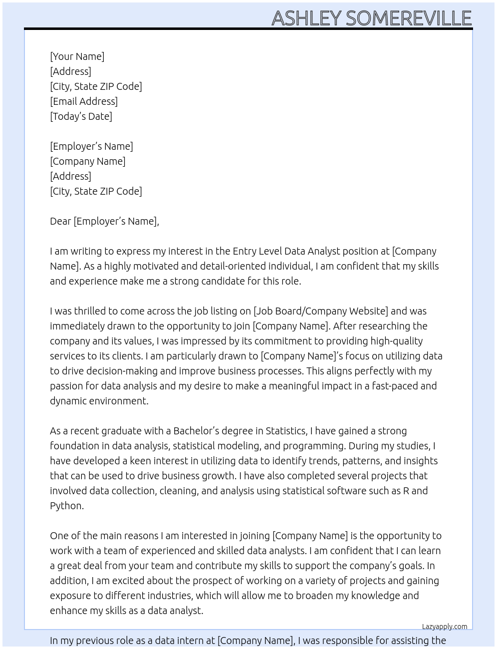 Entry Level Data Analyst At Freelance Cover Letter