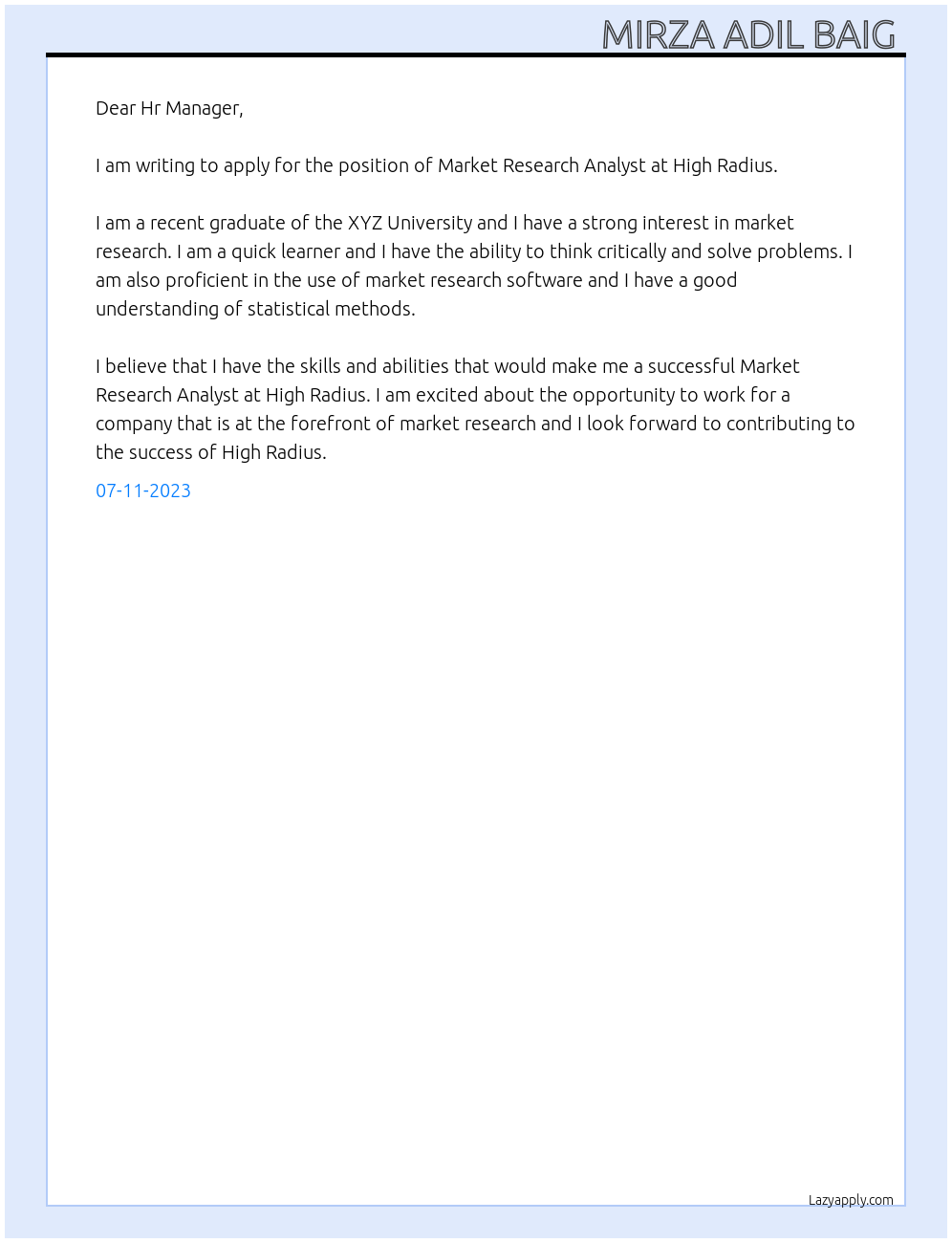 Market Research Analyst At High Radius Cover Letter