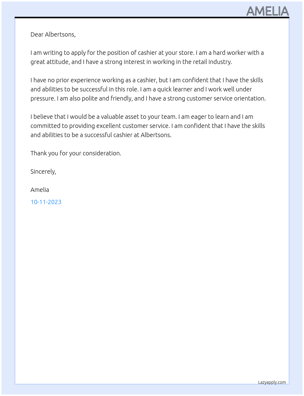 No experience At Albertsons Cover Letter