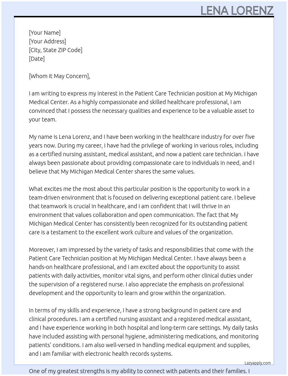 Patient care technician  At My Michigan Medical center Cover Letter