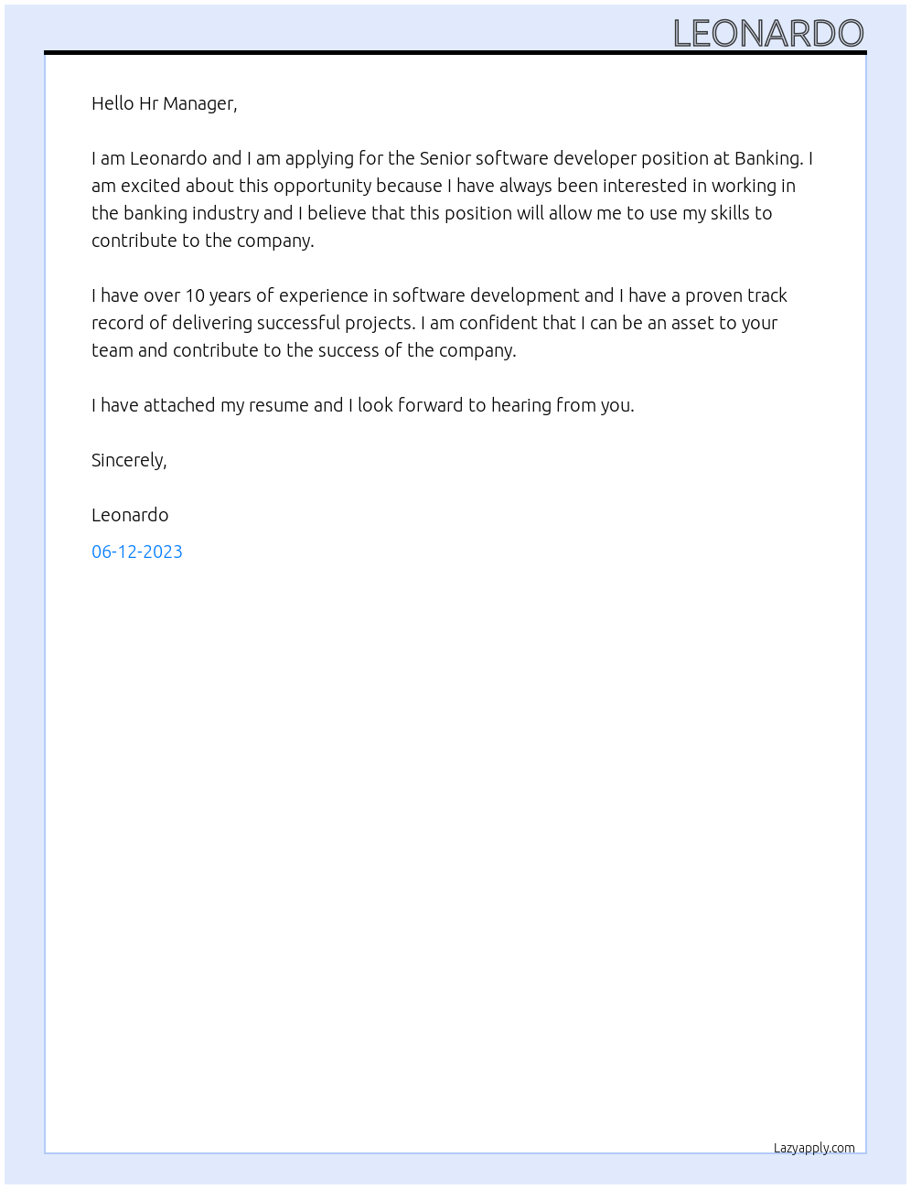 Senior software developer At Banking Cover Letter