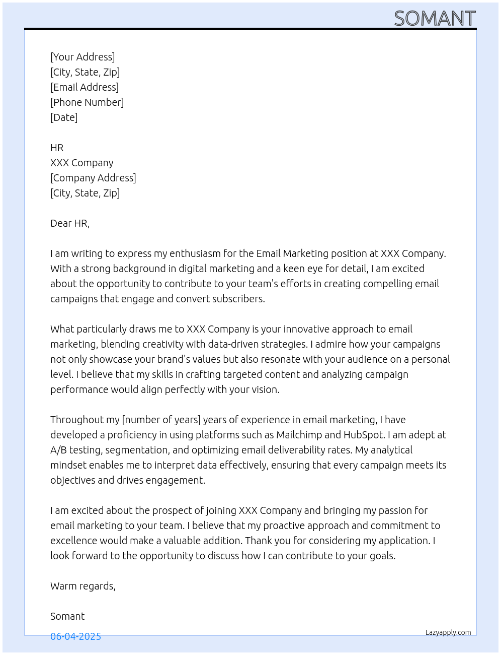 Cover letter for email marketing - LazyApply