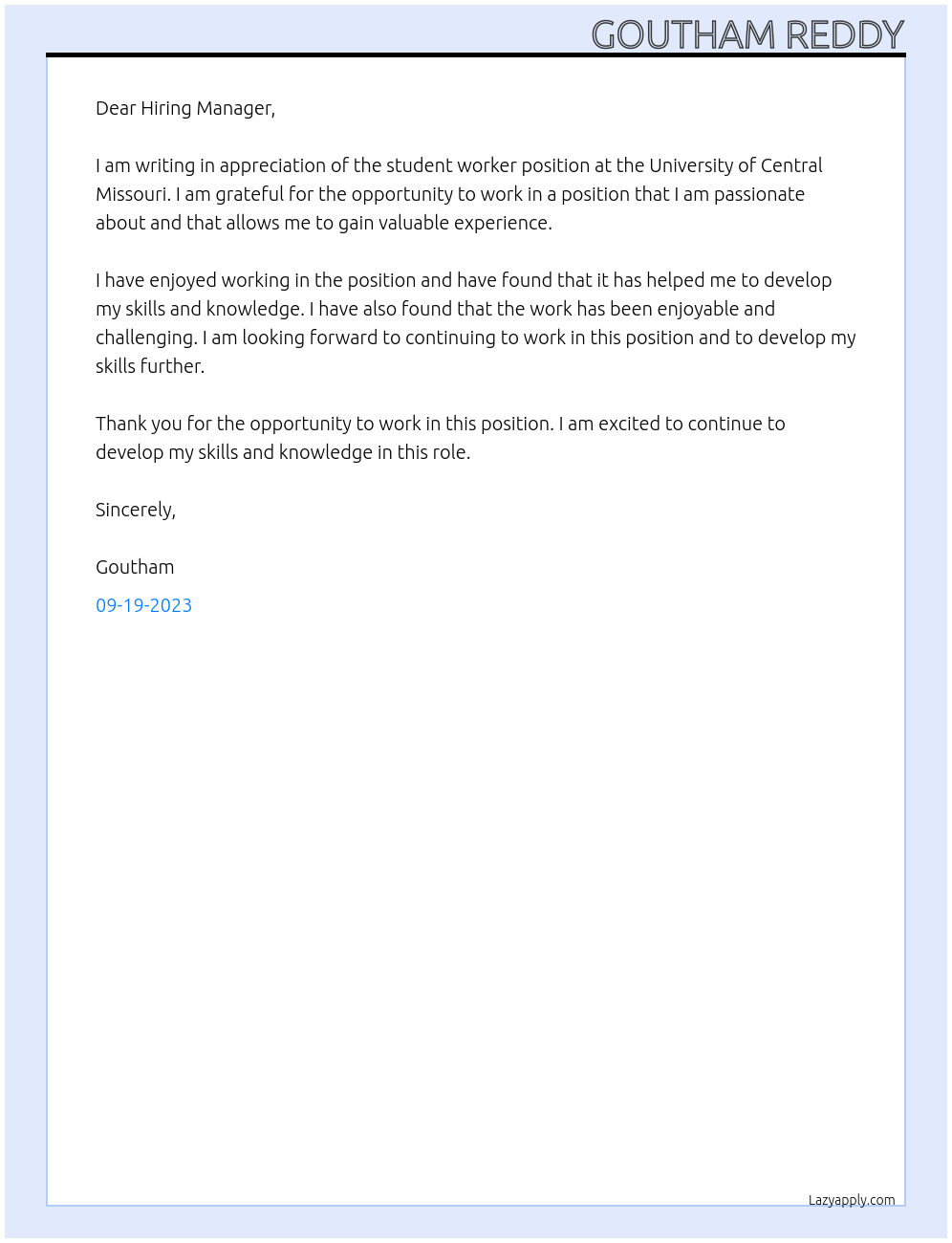 student worker At university of central missouri Cover Letter