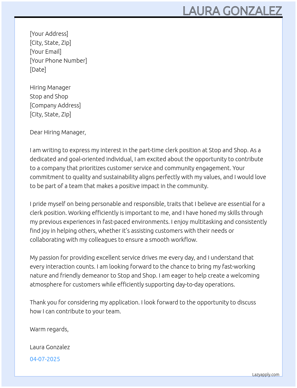 clerk At Stop and shop Cover Letter