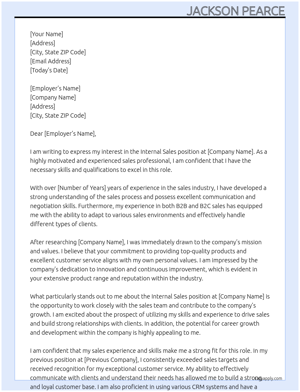 Internal sales At N/a Cover Letter