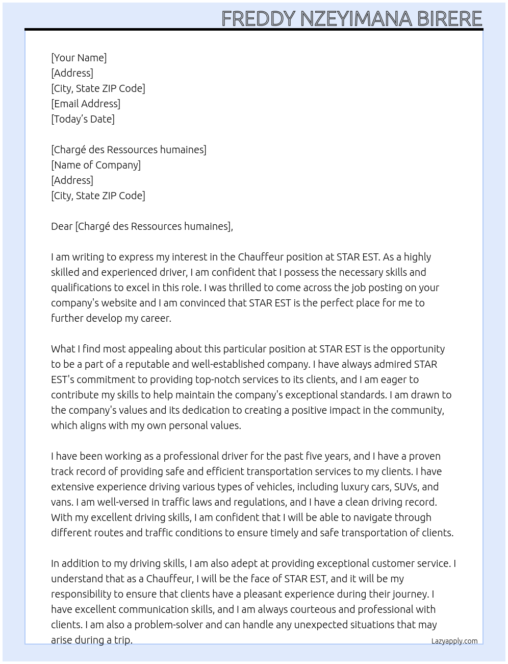 Chauffeur At STAR EST Cover Letter