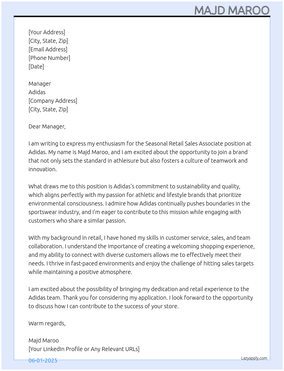 Cover letter for seasonal retail sales associate - LazyApply