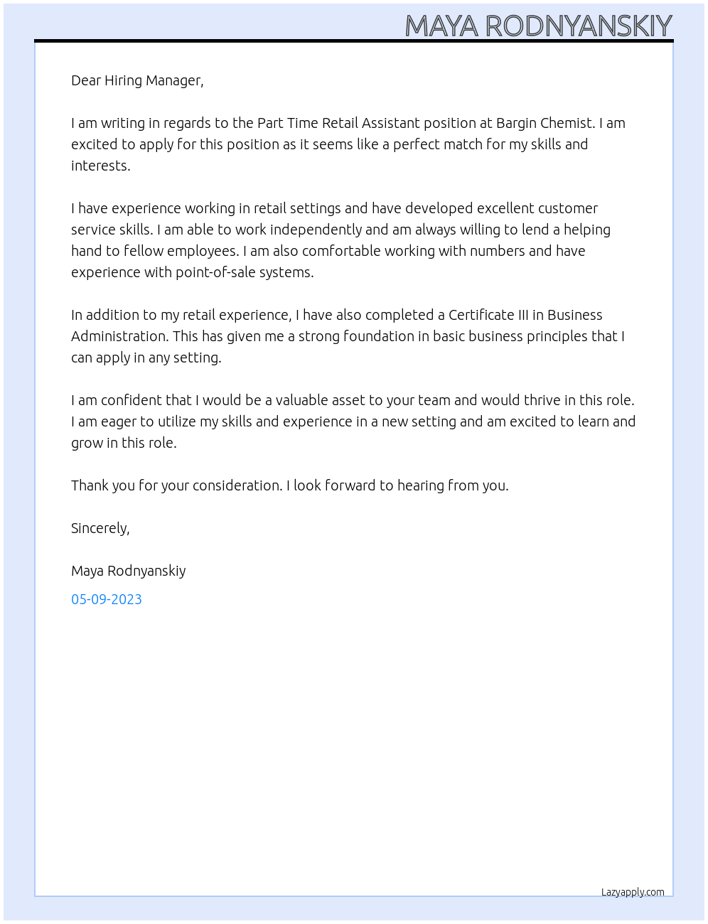 Part Time Retail Assistant At Bargin Chemist Cover Letter