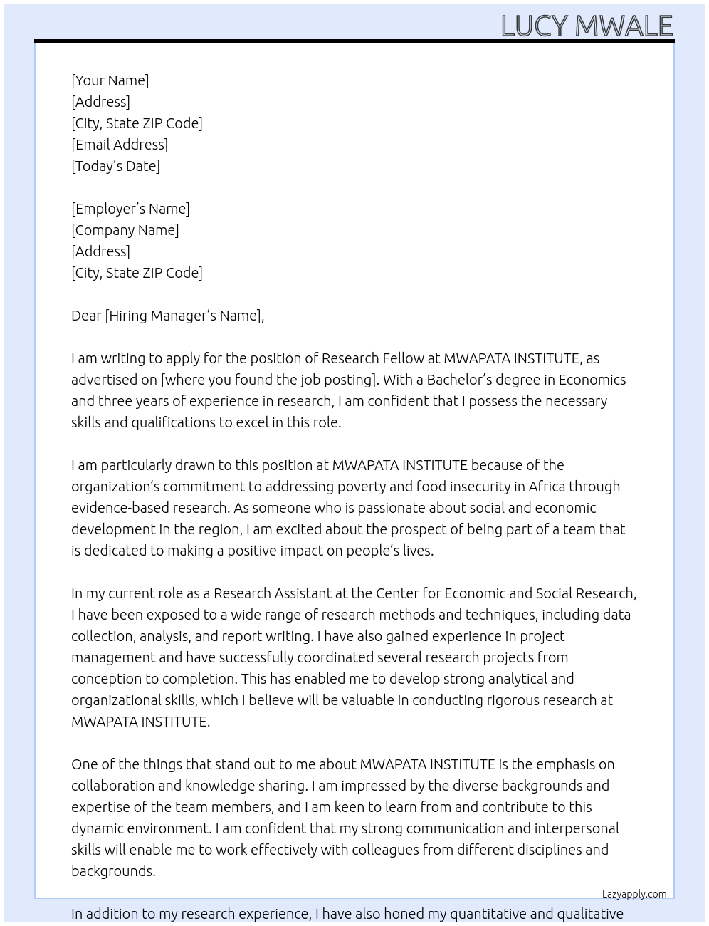 Research Fellow At MWAPATA INSTITUTE Cover Letter