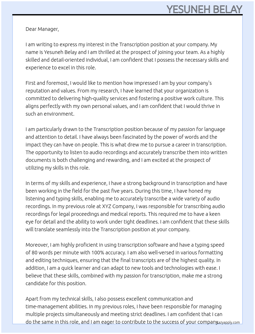 Transcription At Unknown Cover Letter