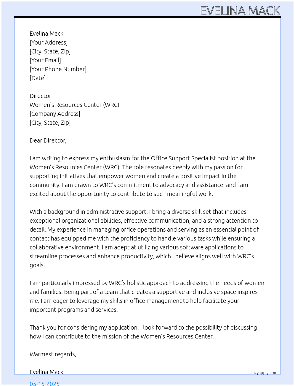 Office Support Specialist At Women's Resources Center (WRC) Cover Letter