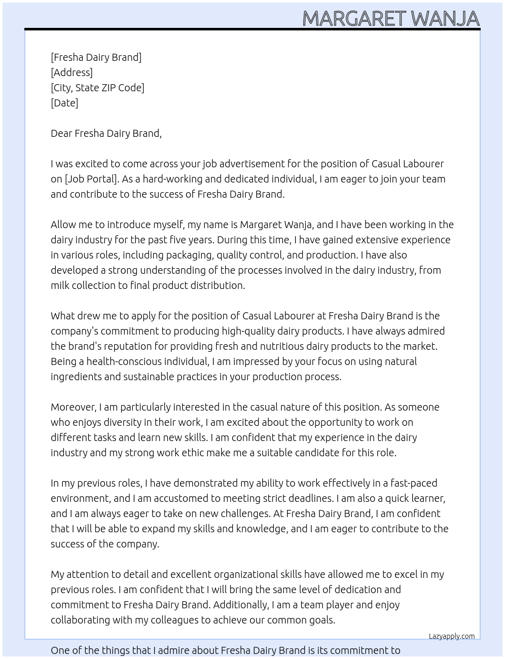 CASUAL LABOURER At MARGARET WANJA Cover Letter