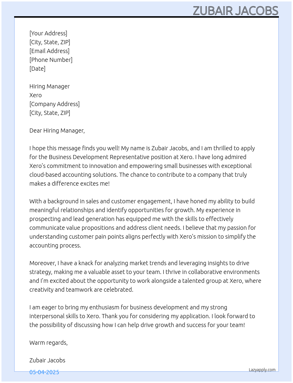 Business development representative At Xero Cover Letter