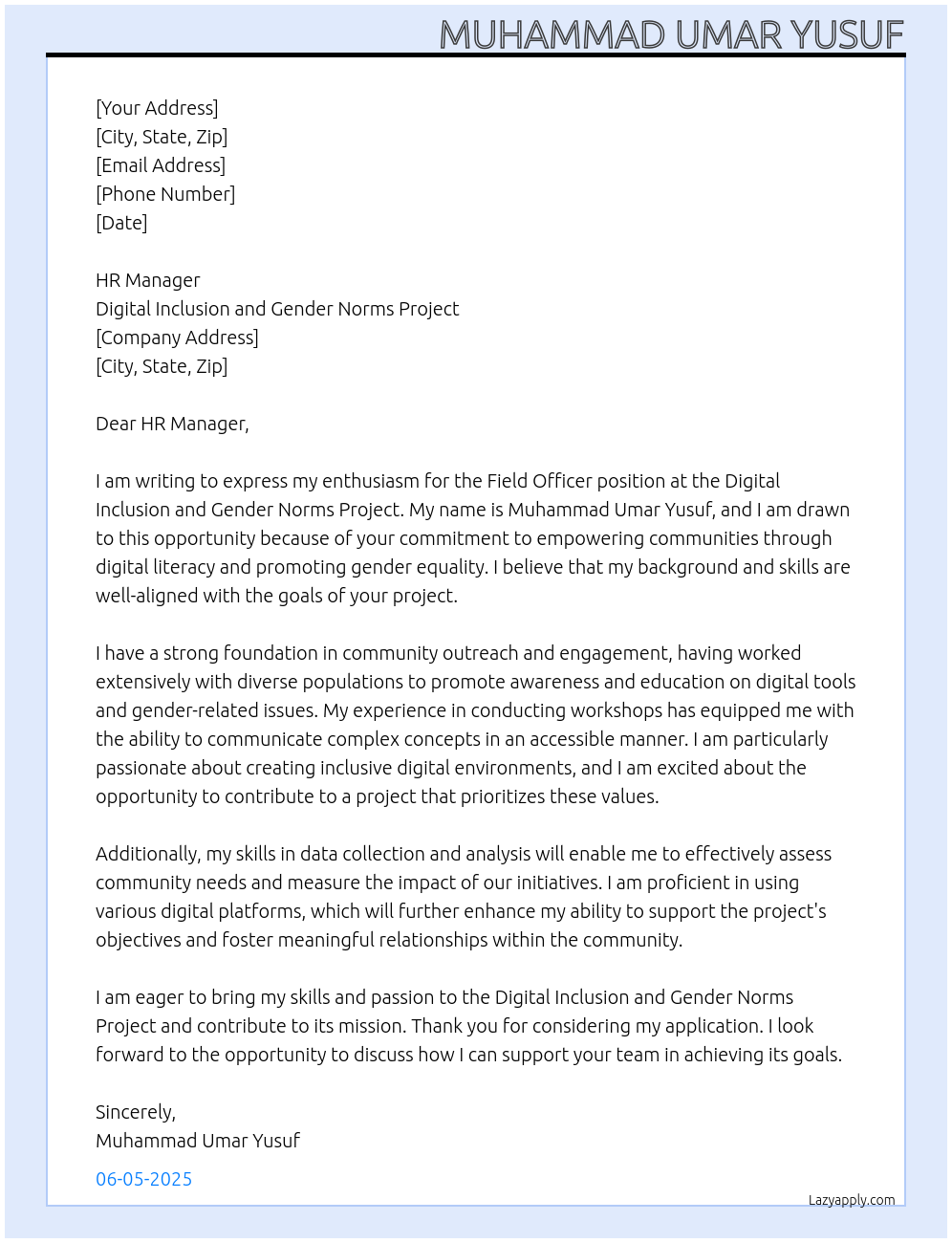 field officer At digital inclusion and gender norms project Cover Letter