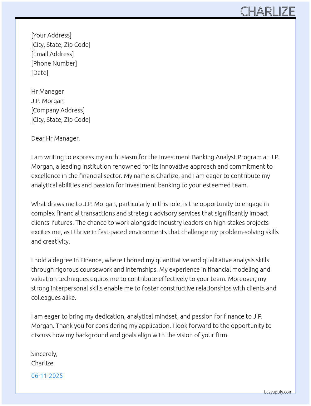 Investment Banking Analyst Program At J.P. Morgan Cover Letter