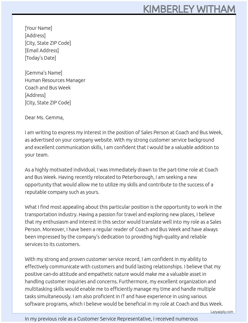 Sales Person At Coach and Bus Week Cover Letter