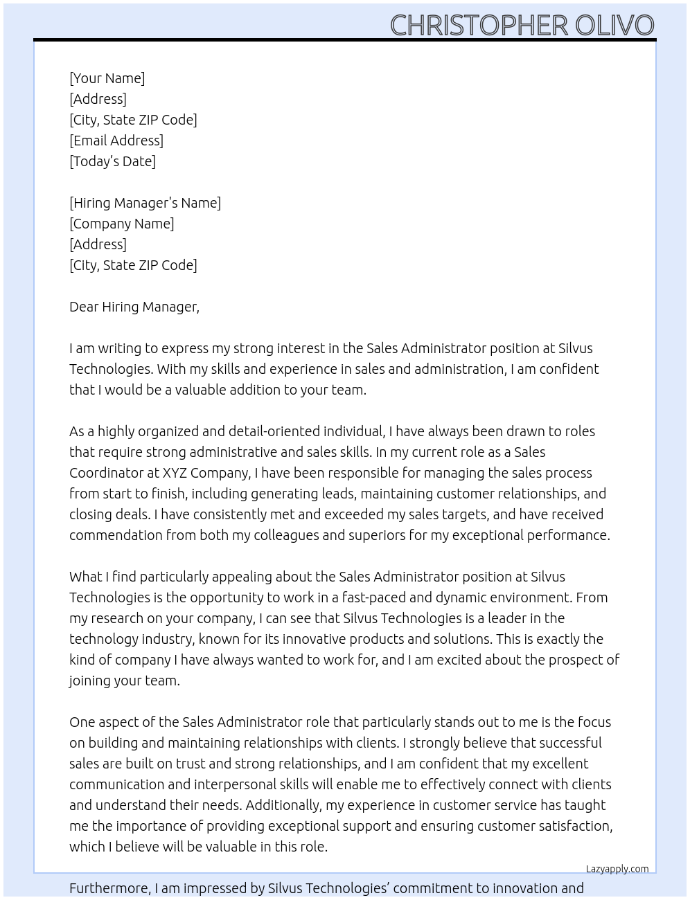 Sales Administrator At Silvus Technologies Cover Letter