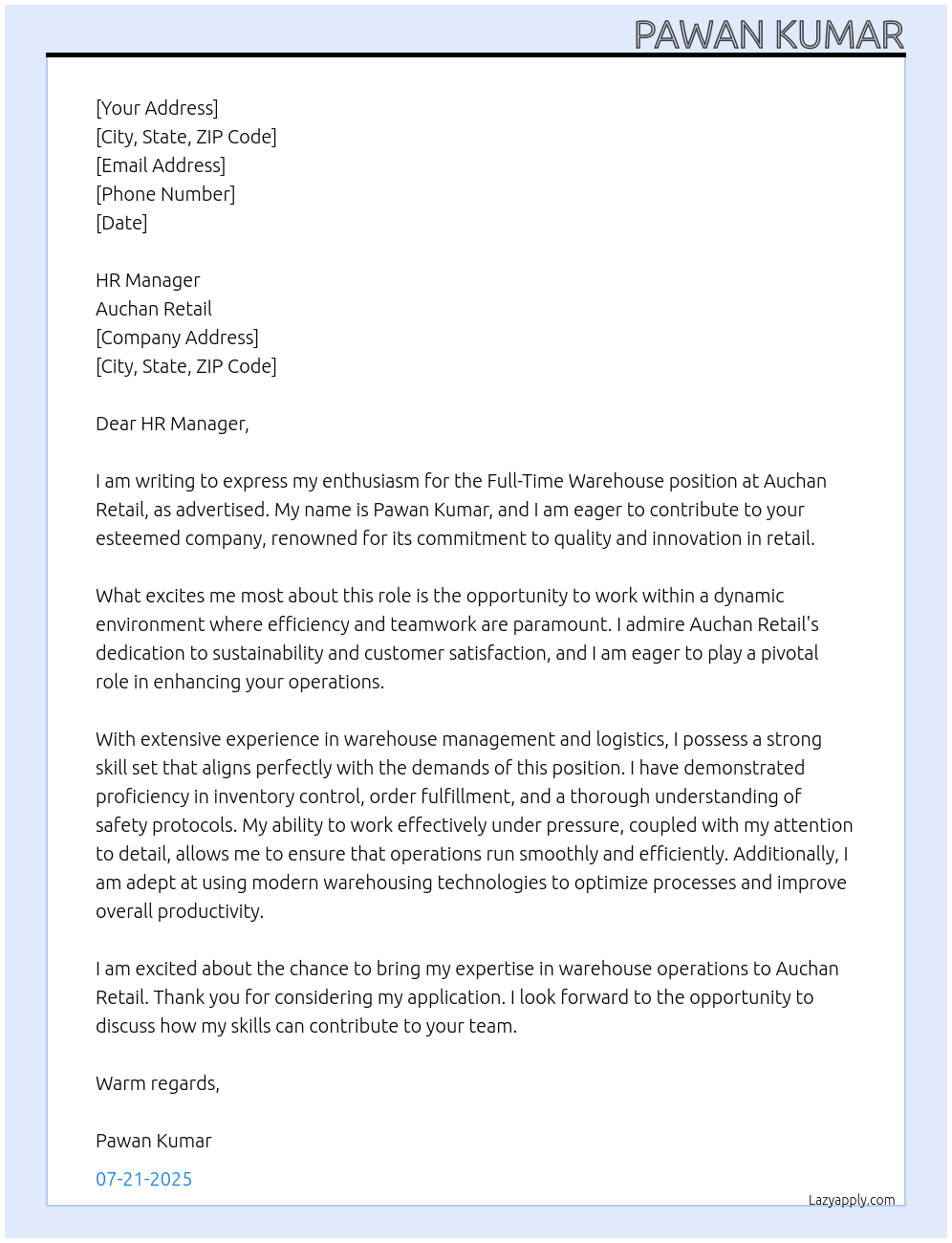 Warehouse At Auchan Retail Cover Letter