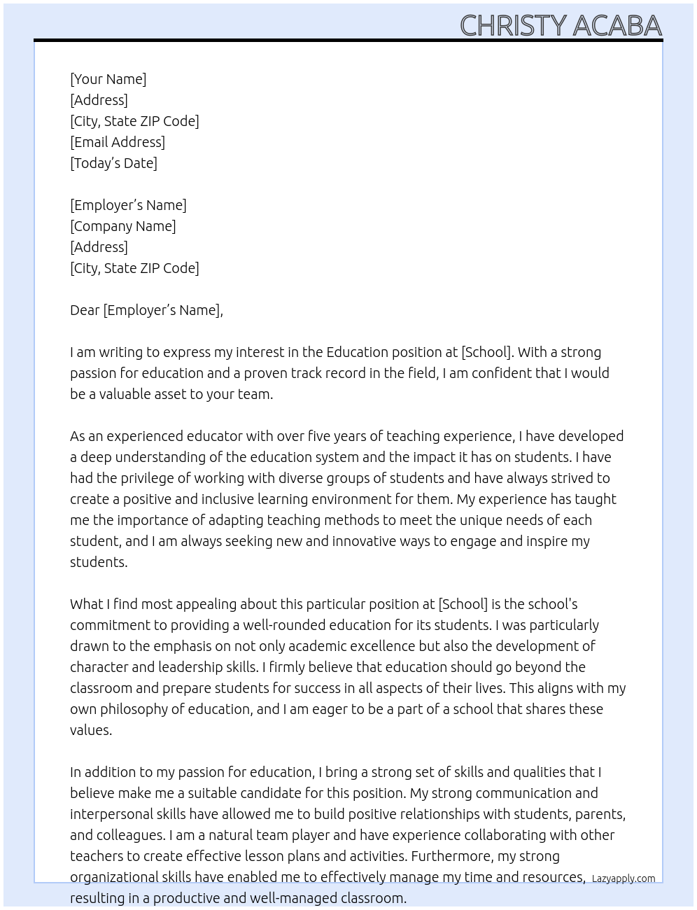 Education At School Cover Letter