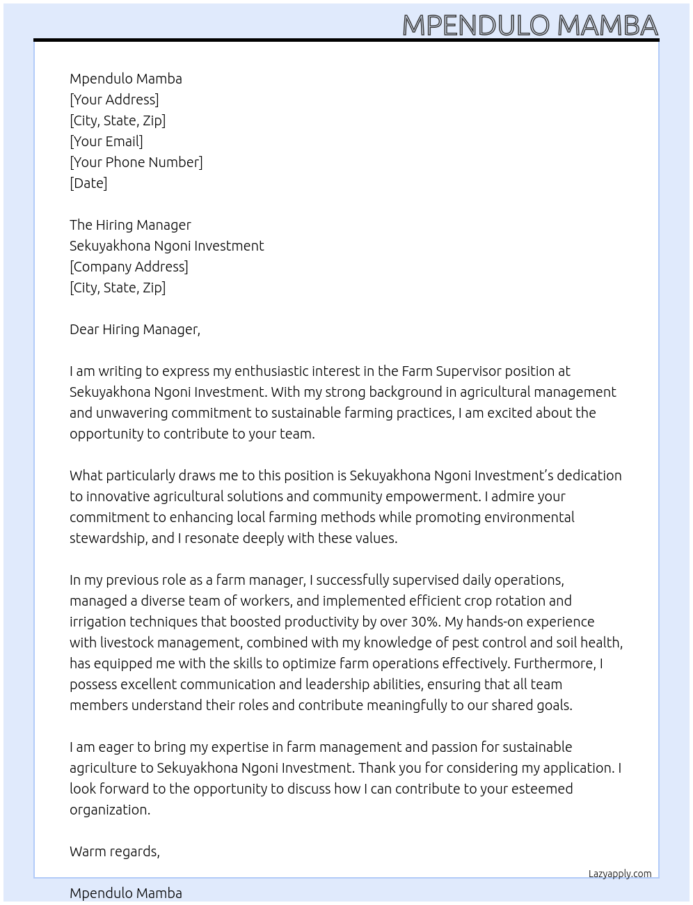 Farm Supervisor At Sekuyakhona Ngoni Investment Cover Letter