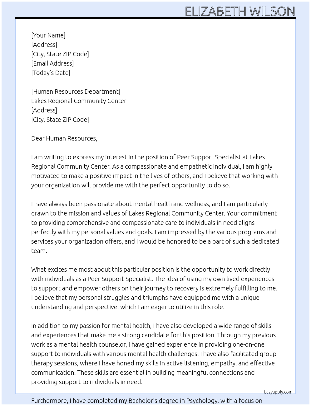 Peer Support Specialist At Lakes Regional Community Center Cover Letter