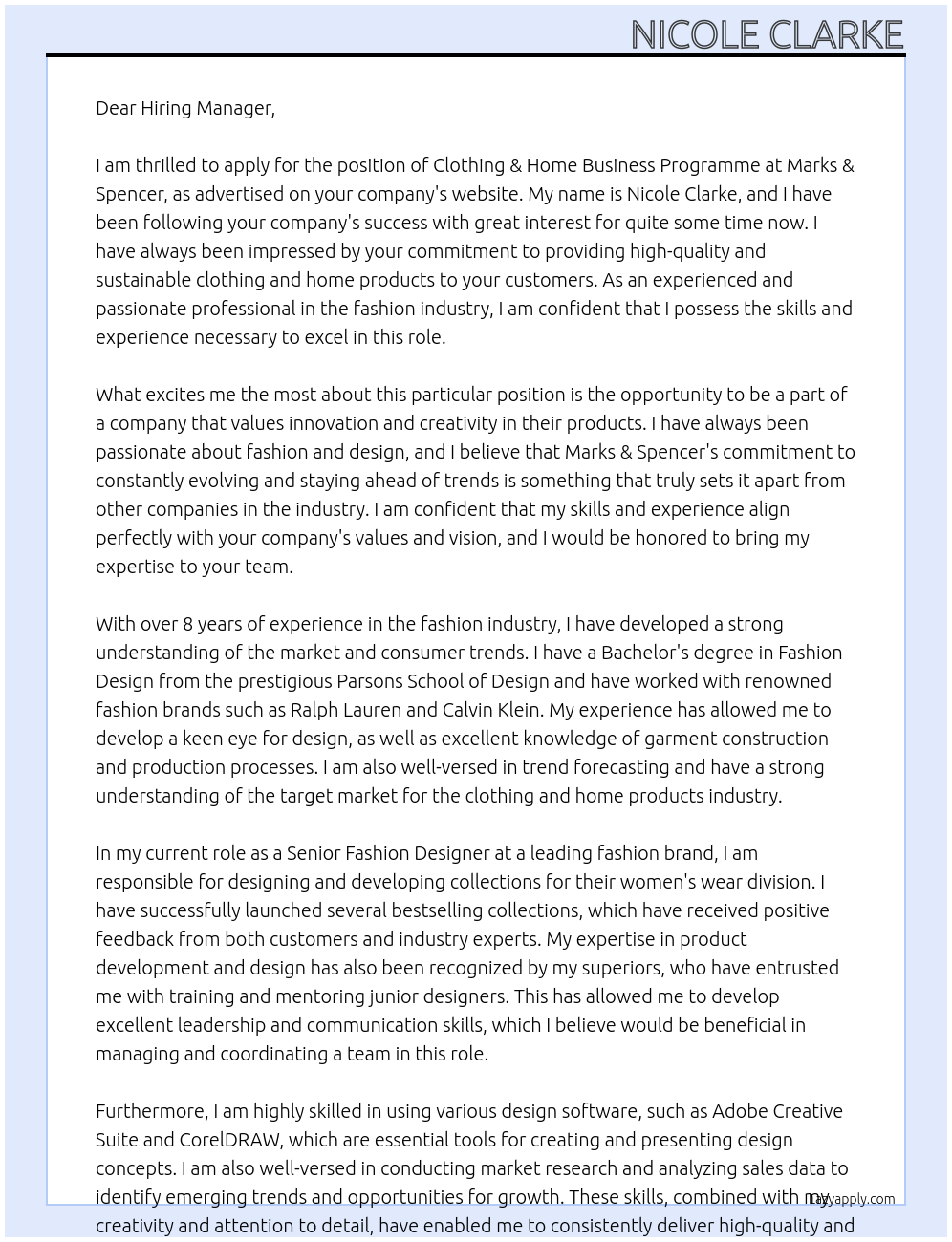 Clothing & home business programme At Marks & Spencers Cover Letter