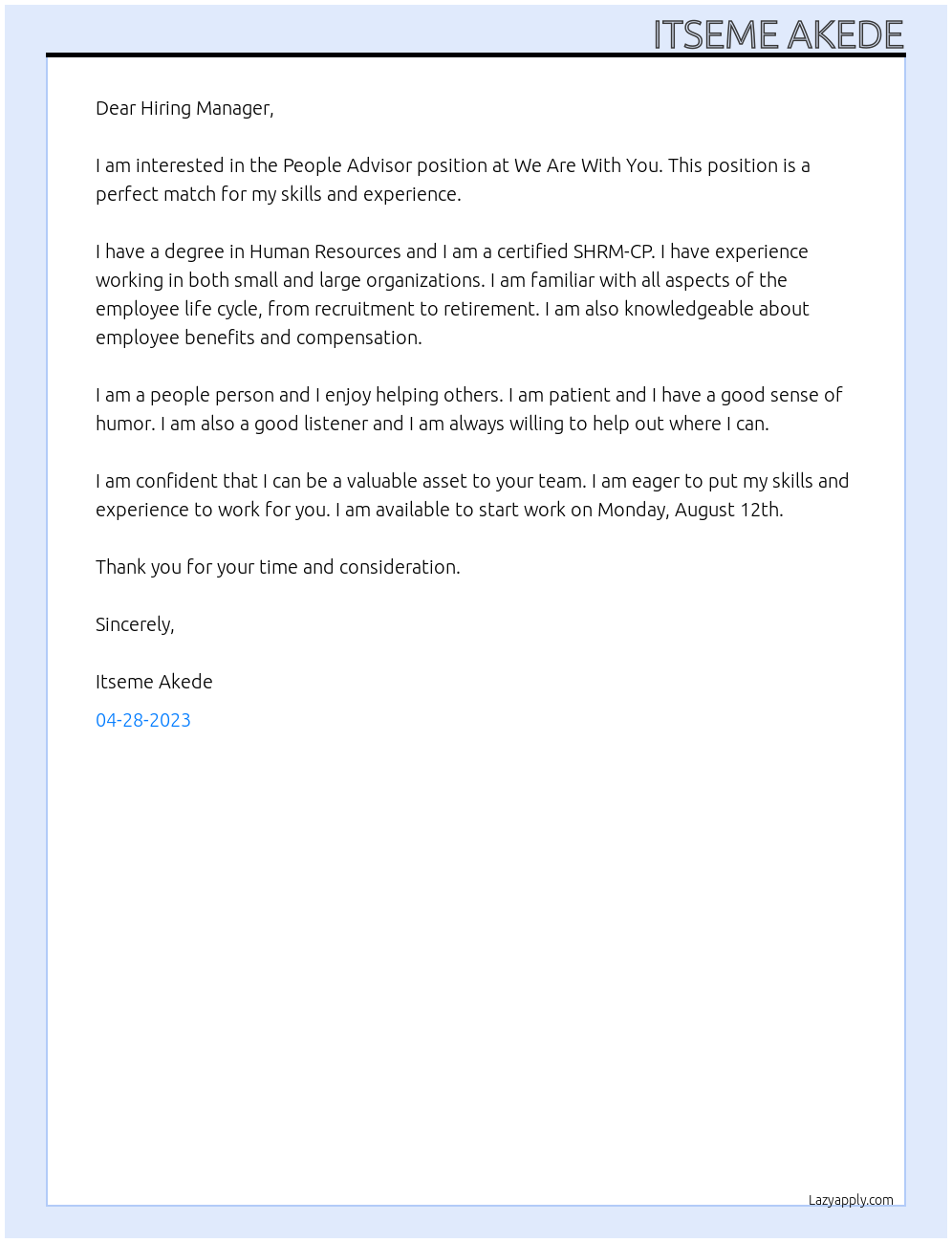 People Advisor At We Are With You Cover Letter