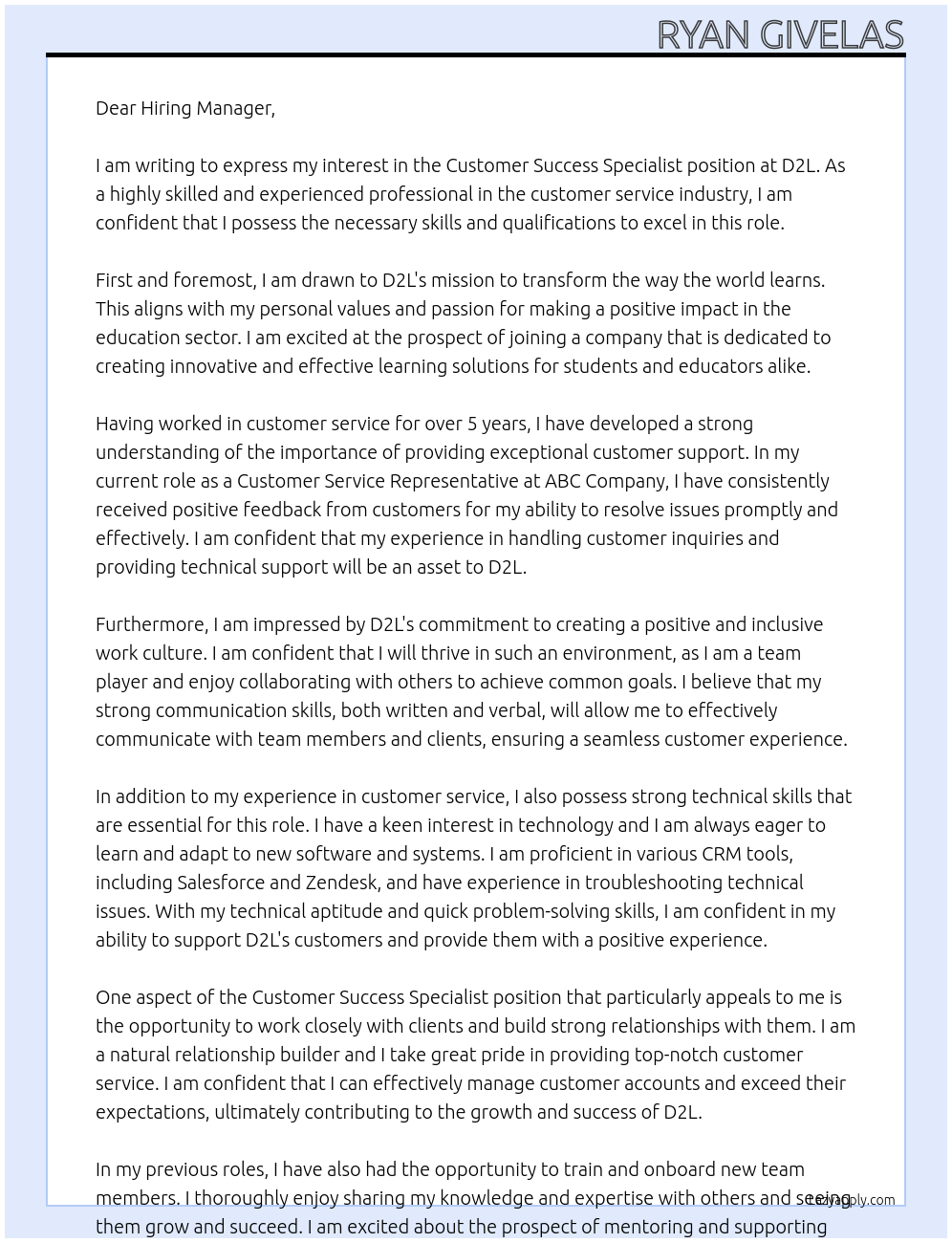 Customer Success Specialist At D2L Cover Letter
