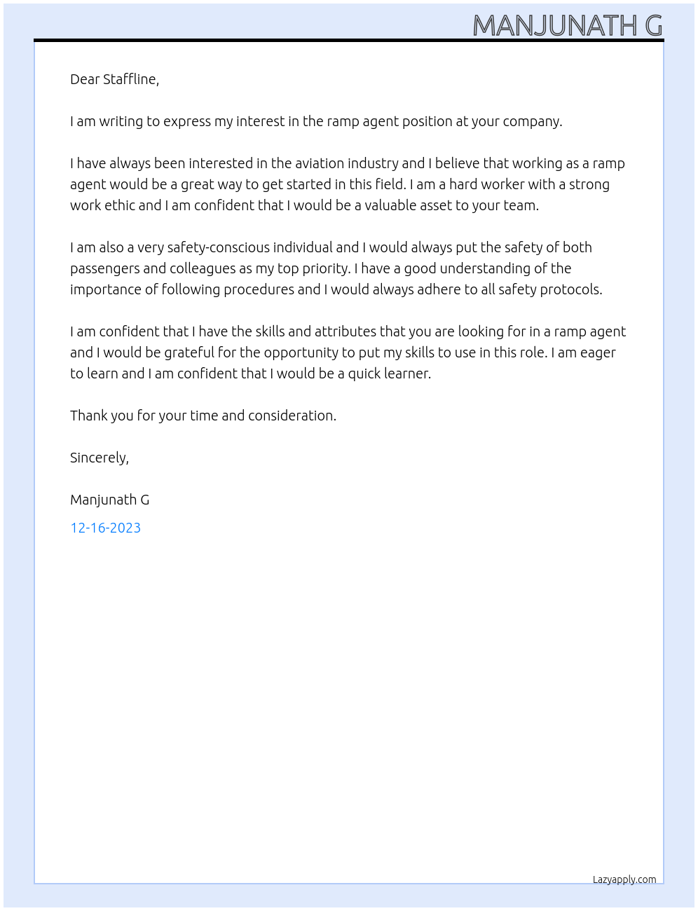 ramp agent At staffline Cover Letter