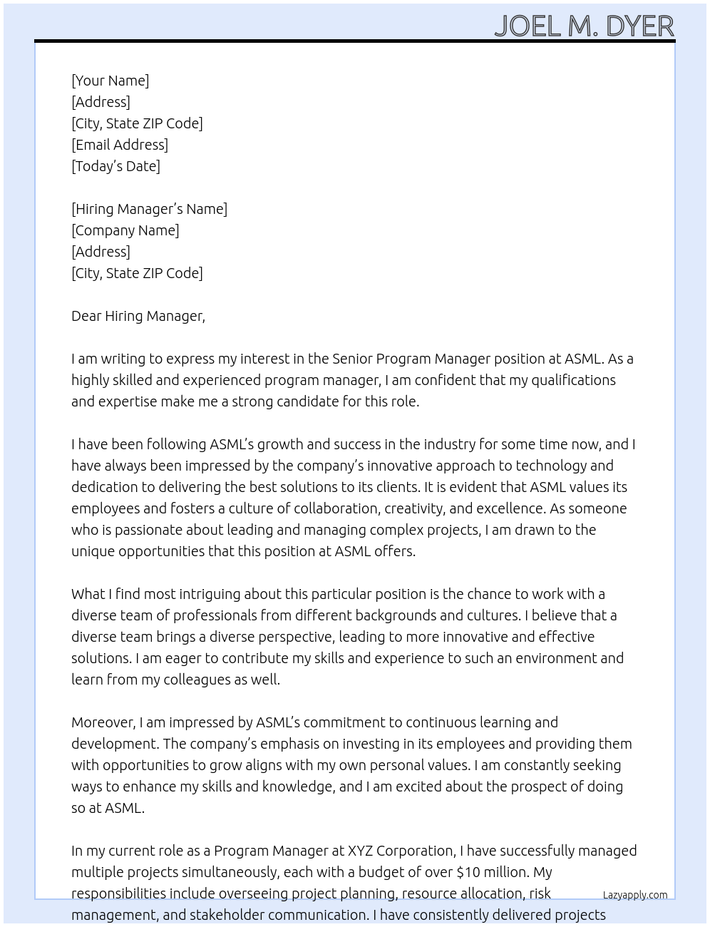 Senior Program Manager At ASML Cover Letter