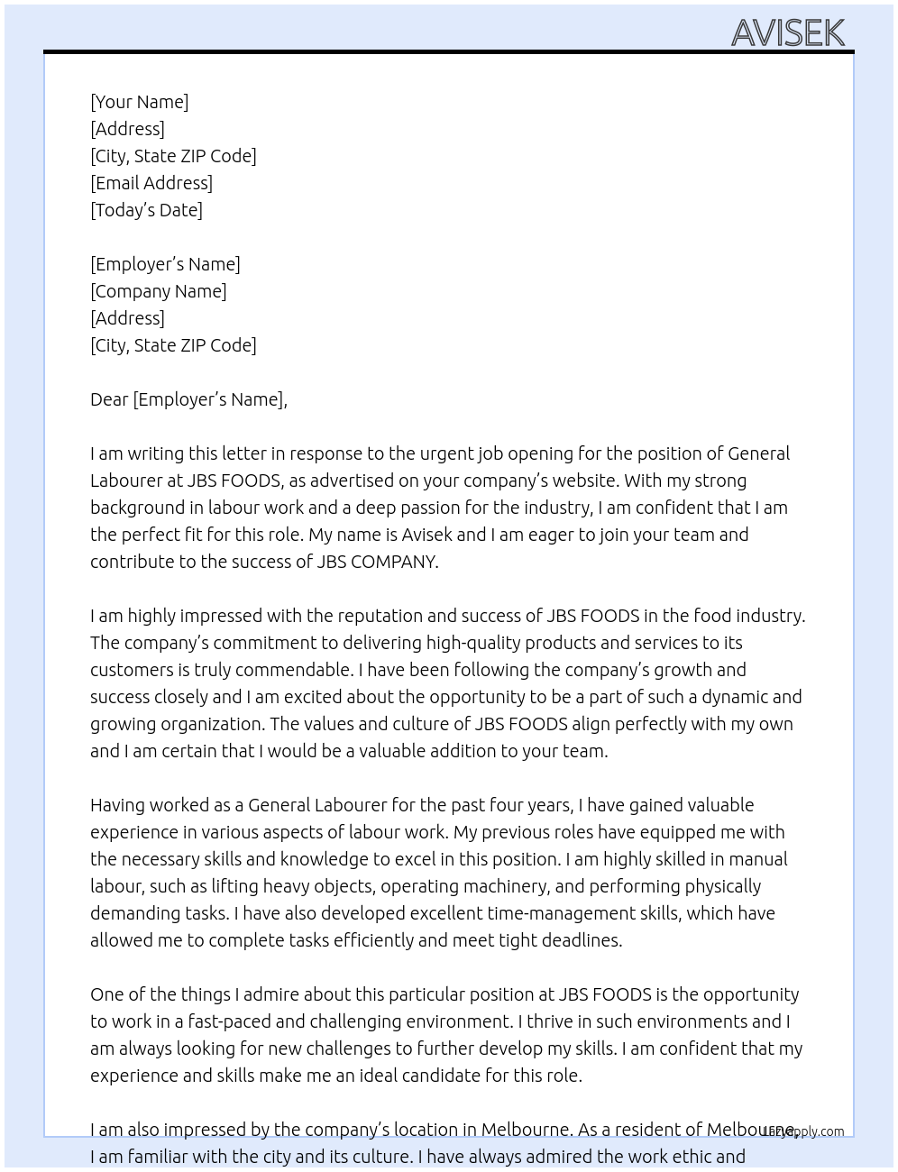 General labourer At JBS FOODS Cover Letter