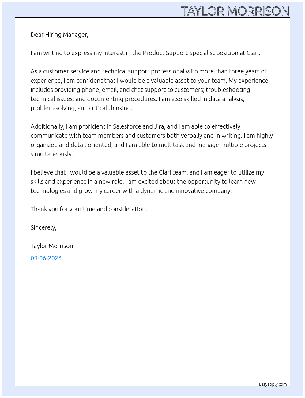 Product Support Specialist At Clari Cover Letter