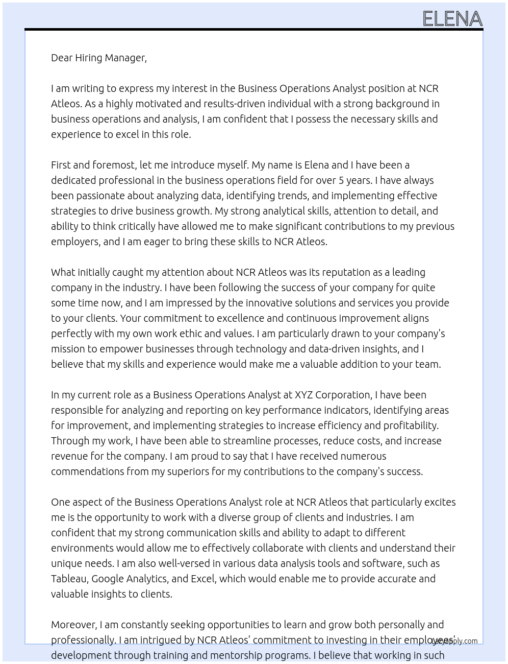 Business Operations Analyst At NCR Atleos Cover Letter