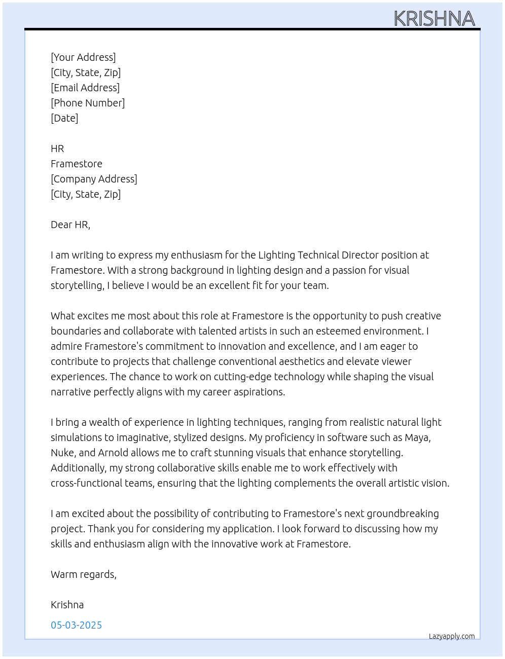 Lighting TD At Framestore Cover Letter