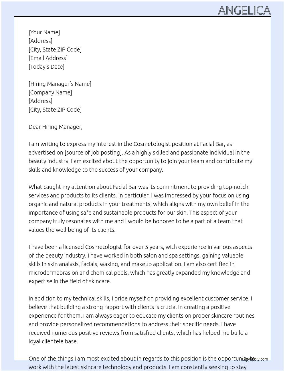 Cosmetologist At Facial Bar Cover Letter