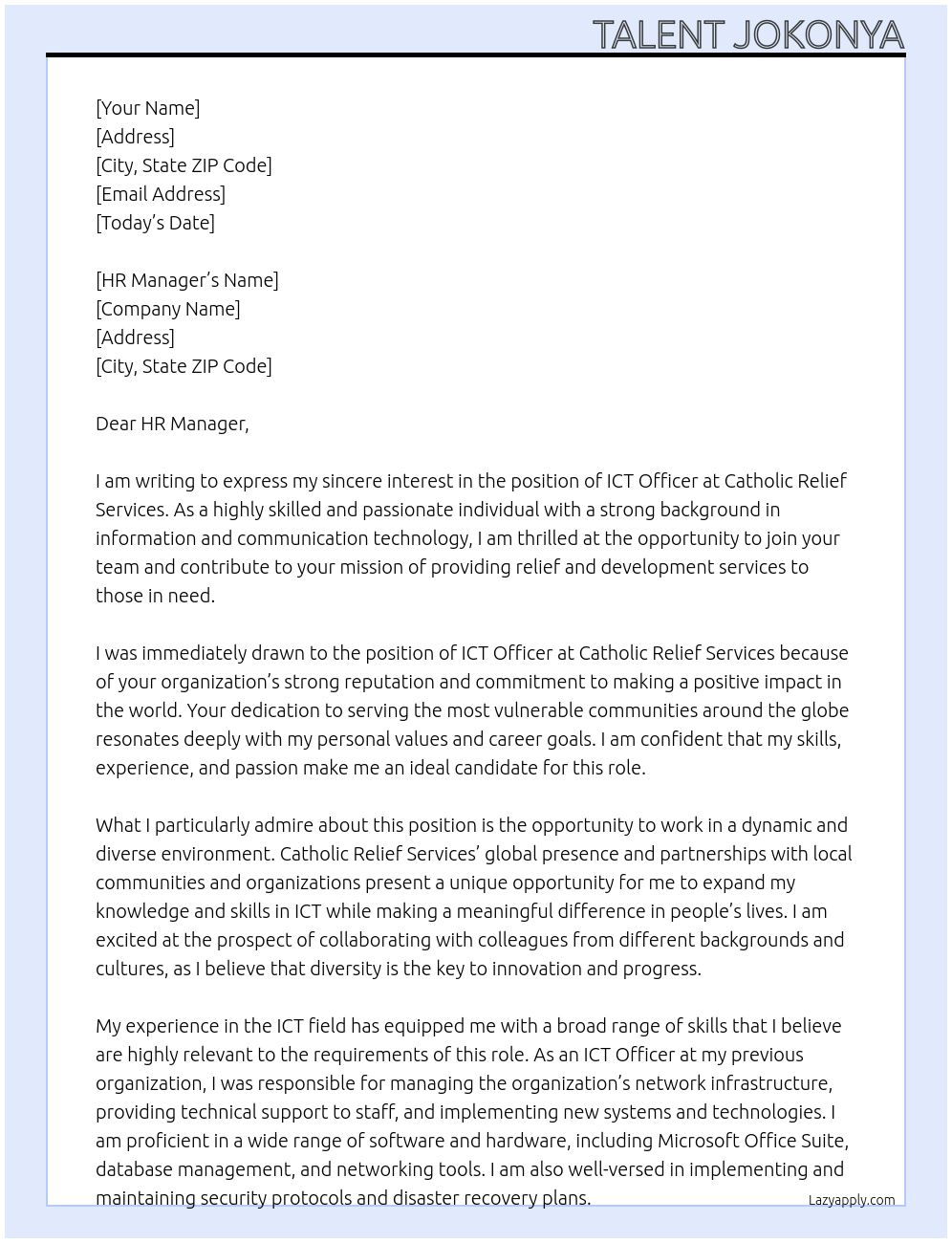 ICT OFFICER At Catholic Relief Services Cover Letter