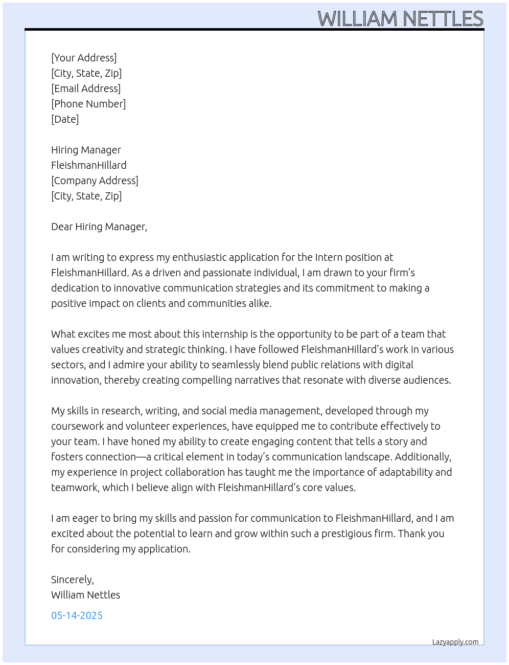 Intern At FleishmanHillard Cover Letter