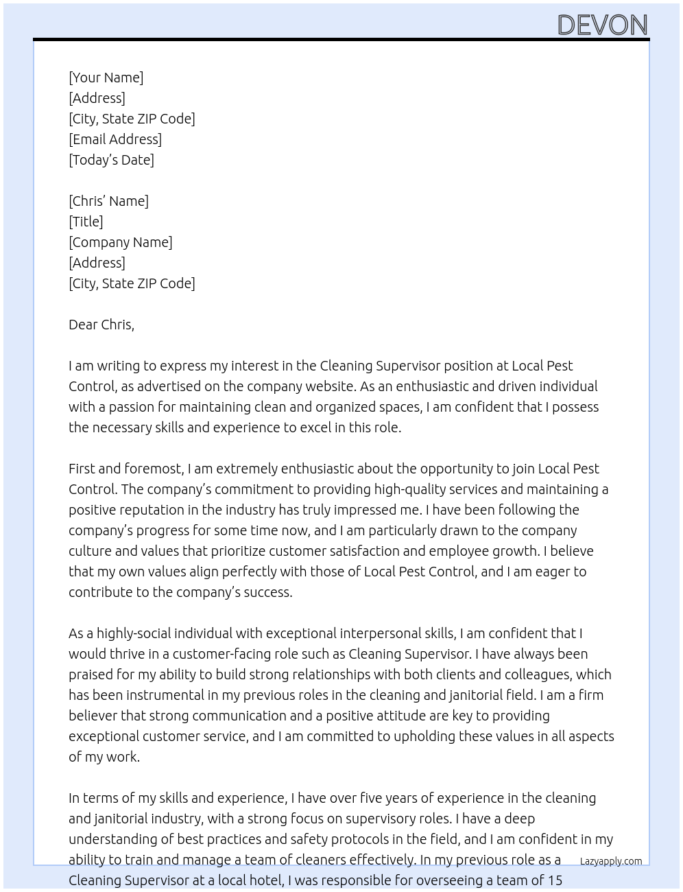 Cleaning Supervisor At Local Pest Control Cover Letter