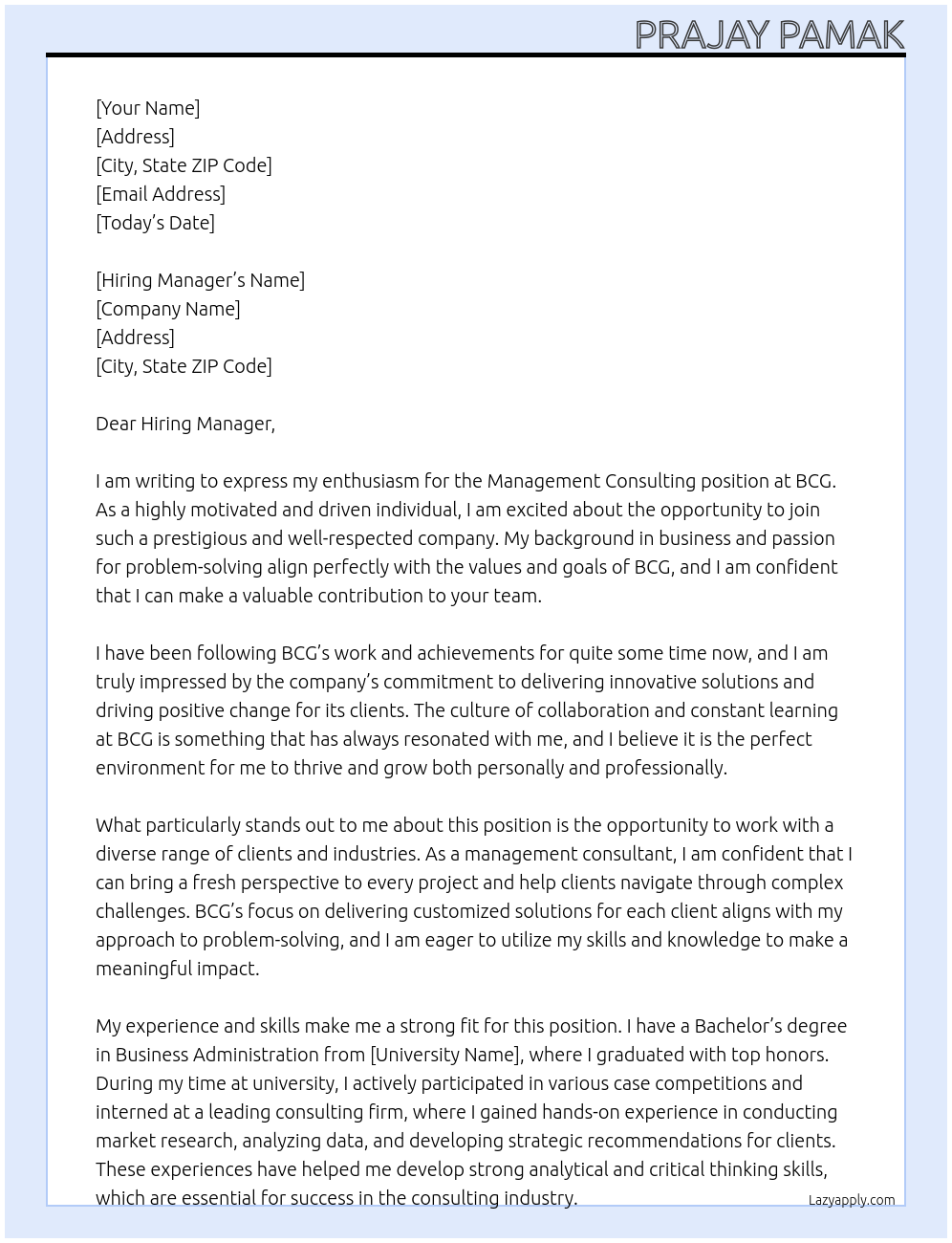 management consulting At BCG Cover Letter