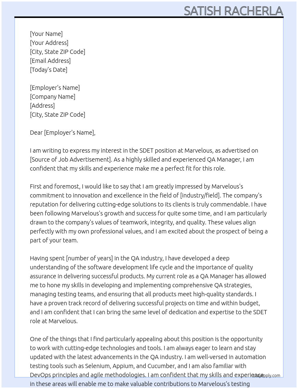 SDET At Marvelous Cover Letter