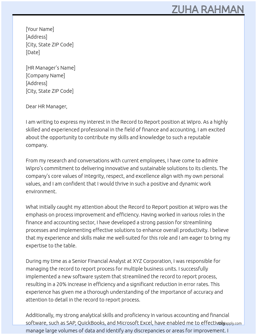 Record to Report At Wipro Cover Letter