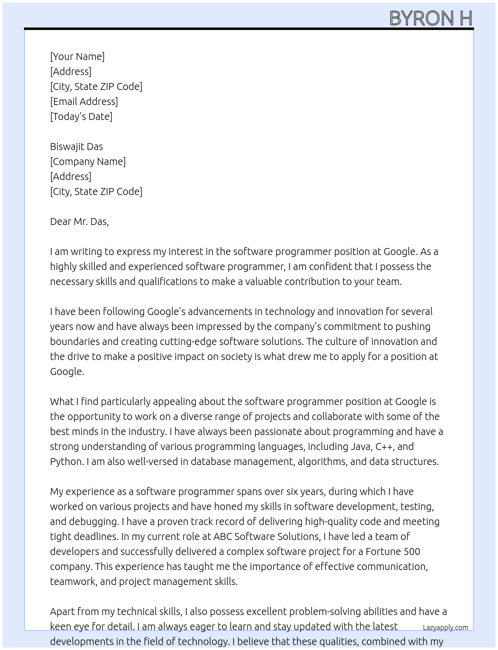software programmer At Google Cover Letter