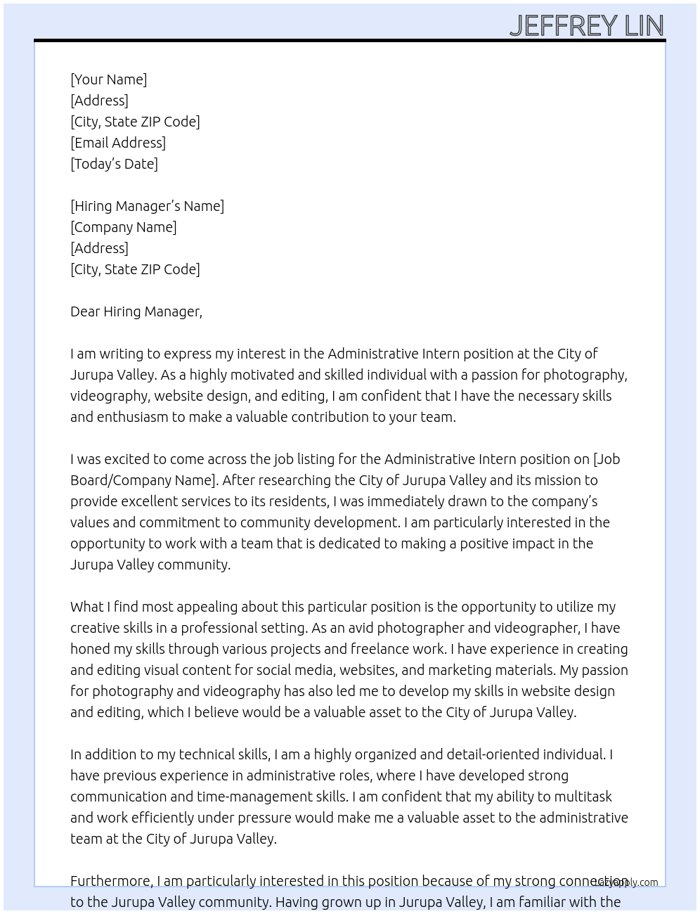 ADMINISTRATIVE INTERN At City of Jurupa Valley Cover Letter