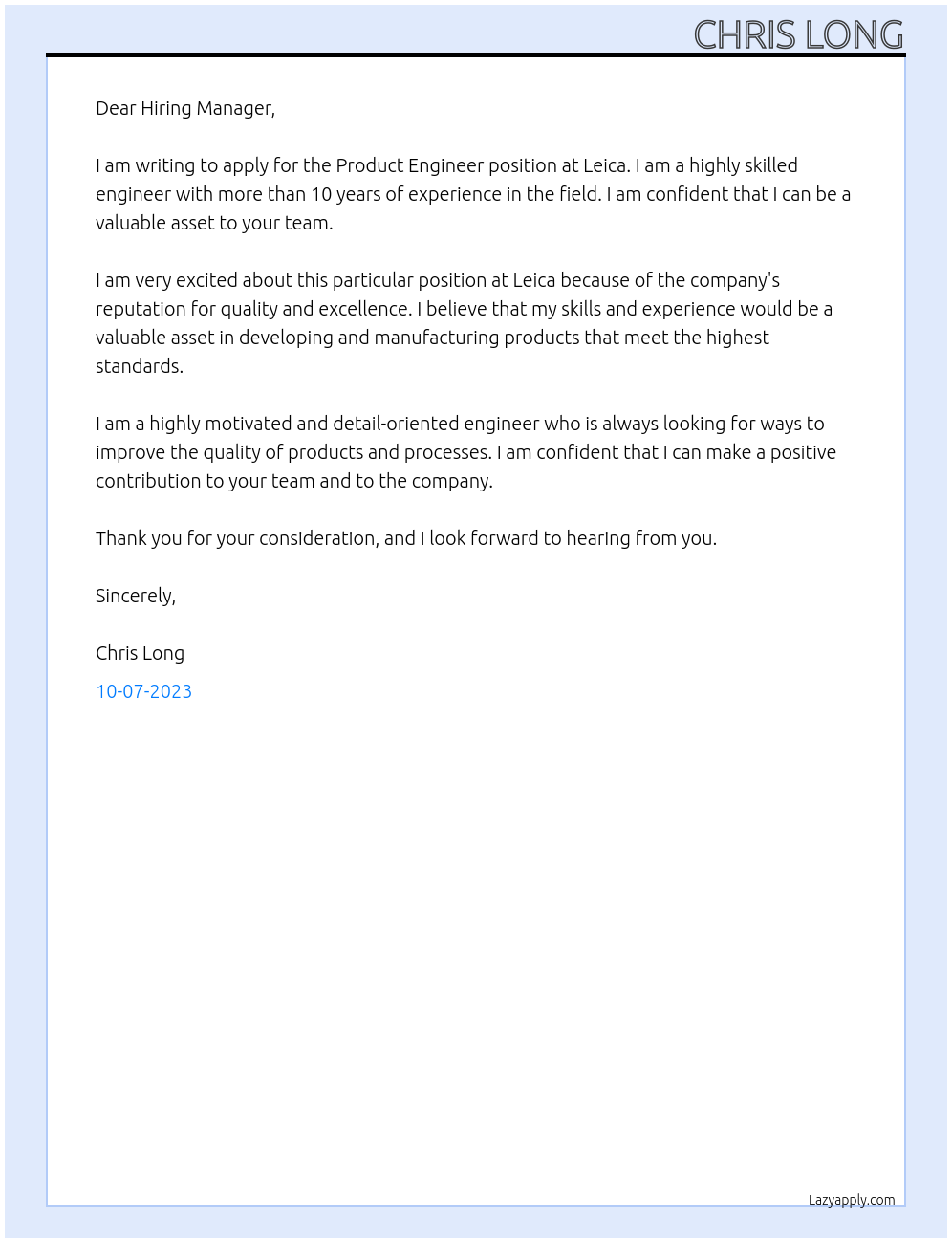 Product Engineer At Leica Cover Letter